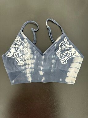 Darc Sport Blue Tie-Dye V-Neck Sports Bra with White Wolf Graphics